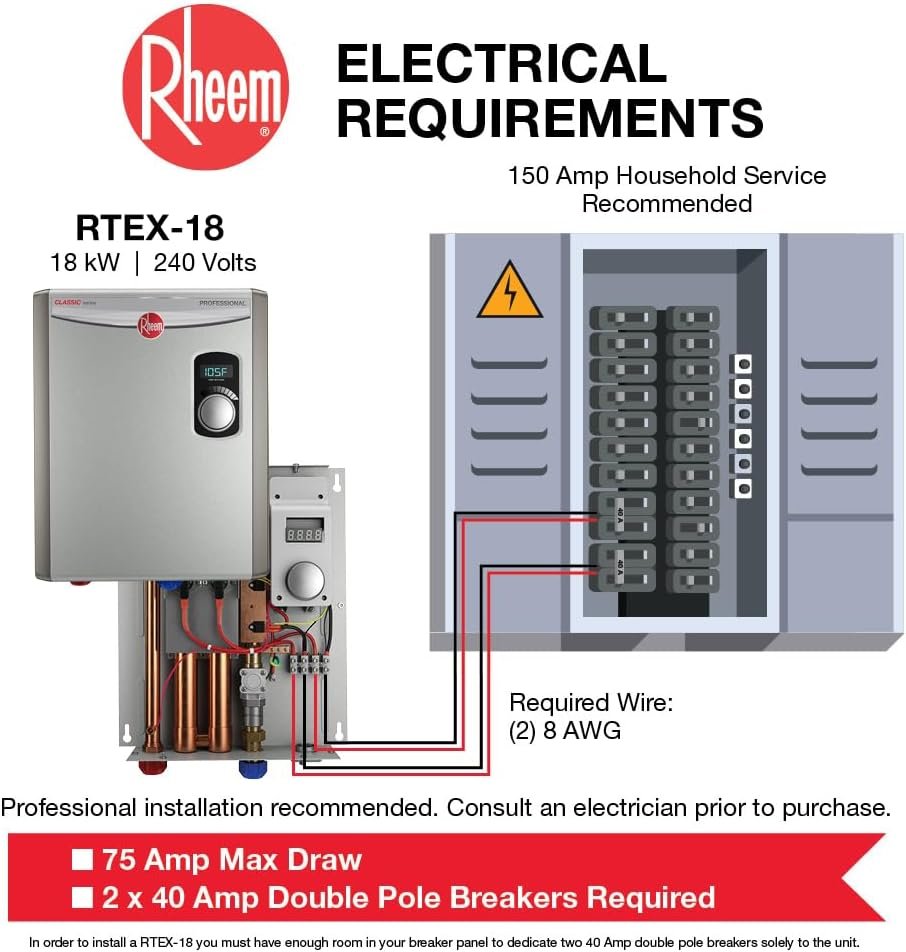 Rheem RTEX-18 Classic 18 kW 4.4 GPM Tankless Electric Water Heater Indoor 240V New
